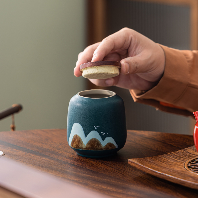 Yuanshan 茶缶木製蓋セラミック密封缶小さな茶包装ギフトポータブル薬用粉末缶カスタムロゴ|undefined