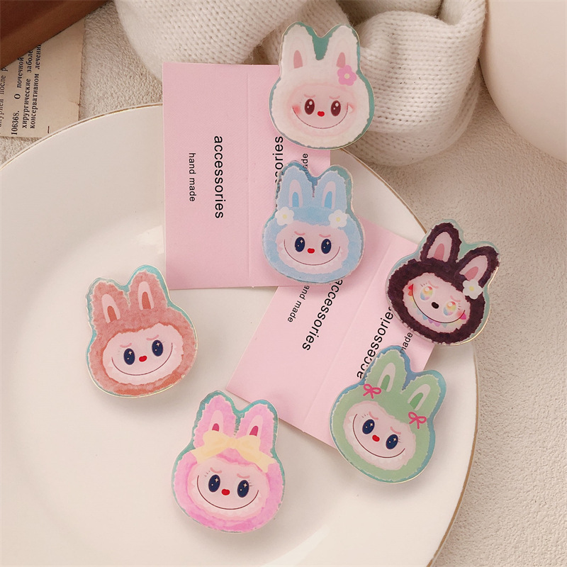 Círculos animados brillantes de color polvo brillante cara pequeña conejo clip de pelo nuevo clip de la chica lindos clip de pelo roto acabado clip de cabello