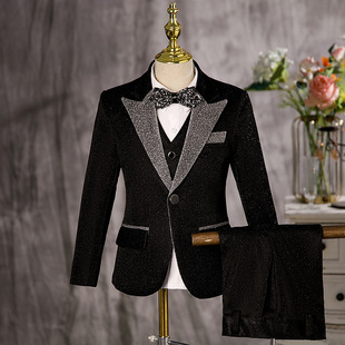 Boys' Black Suit Suit, Kidsren's British Style Catwalk Suit, Big Kidsren's Flower Girl Hosting Piano Performance Suit