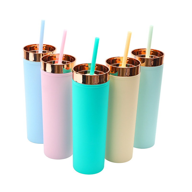 Transfronterizo Amazon Spot 16OZ Taza de paja recta Taza de plástico de doble capa con tapa de oro rosa Taza de agua de pintura de goma esmerilada