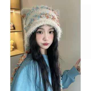 秋冬新款猫耳针织帽女护耳毛线帽保暖百搭彩色流苏时尚冷帽
