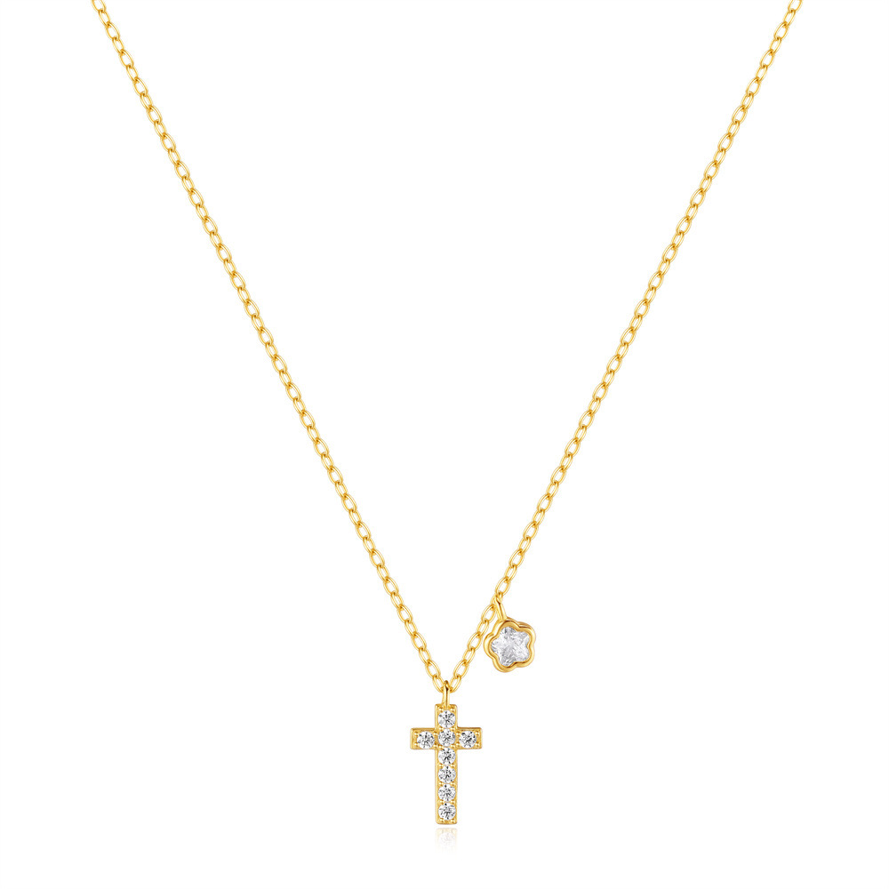 925 Sterling Silver Zircon Cable Chain Plating Cross Flower Multi Charms Necklace display picture 6