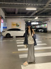 法式慵懒套装撞色条纹长袖开衫外套女夏季高腰灰色半身长裙两件套