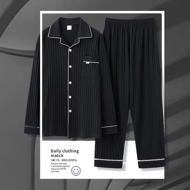 Pijama de algodón masculino primavera y otoño cardigan de manga larga suelta más grande se puede usar fuera del conjunto de ropa de casa