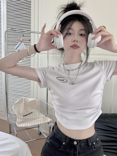 8275# 2025 Summer Pure Cotton Short-Sleeve T-Shirt for Women with Bold Design, Pleated, Crop-Top Blouse