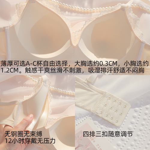 Original thin cup breathable small bust concentrating women's bra without steel ring, preventing side breast sagging, non-slip cups, breathable lace bralette for summer