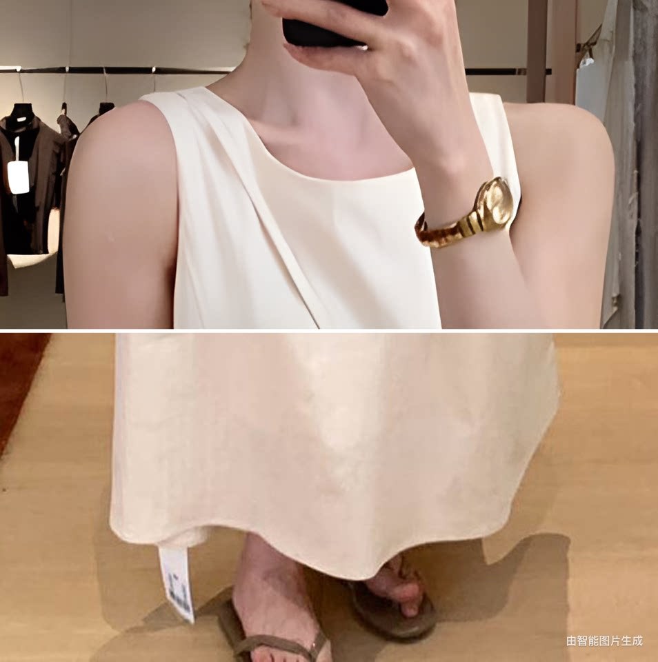 Đầm maxi nữ thắt eo không tay phong cách Pháp tối giản — Cam trần, màu trắng chi tiết 8