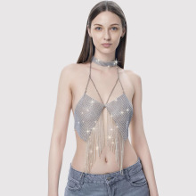欧美跨境流苏满钻挂脖吊带文胸修身型露背性感金属小背心定制工厂