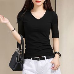 黒い中袖のtシャツの女性の五分袖の上着の七分袖の底のシャツの女性の中で春秋の大きいサイズの弾力の婦人服を掛けます。