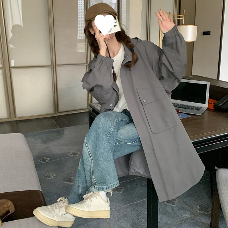 여성용 워크웨어 후드 윈드브레이커 재킷 2024 가을 겨울 신상 디자인 니치 아웃도어 중간 길이 회색 코트