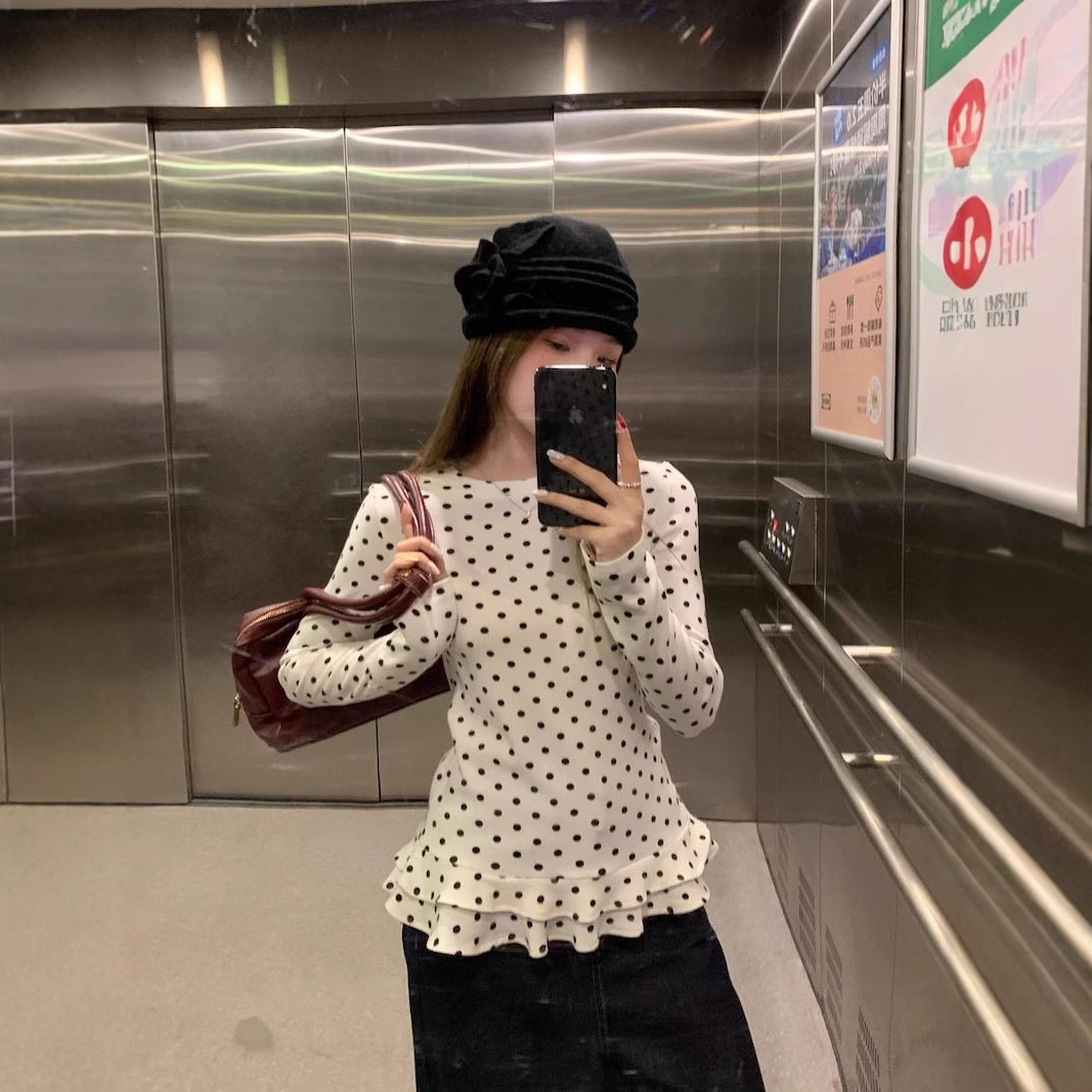 [own factory in stock] sweet style white wave dot long T-shirt ruffled base shirt slim inner jacket