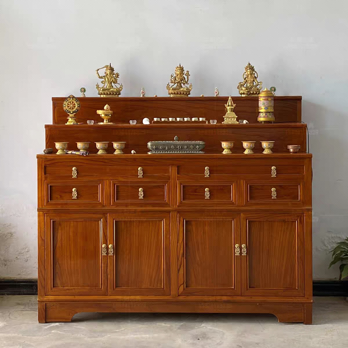Chinese-Style Solid Wood Buddhist Altar for Home Use, Xizang-Style Three-Tier Offering Table, Buddha Table, Old Elm Wood Shrine, Offering Table