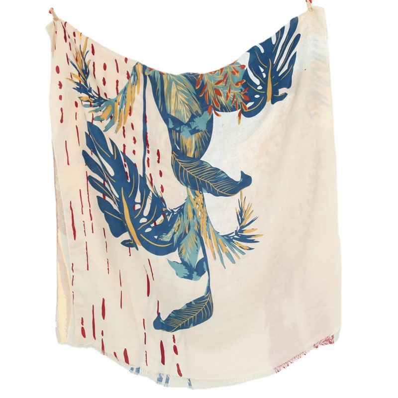 Exportación de comercio exterior nuevo pintado a mano colorido hoja protector solar chal bufanda playa toalla decorativa algodón y lino bufanda para las mujeres