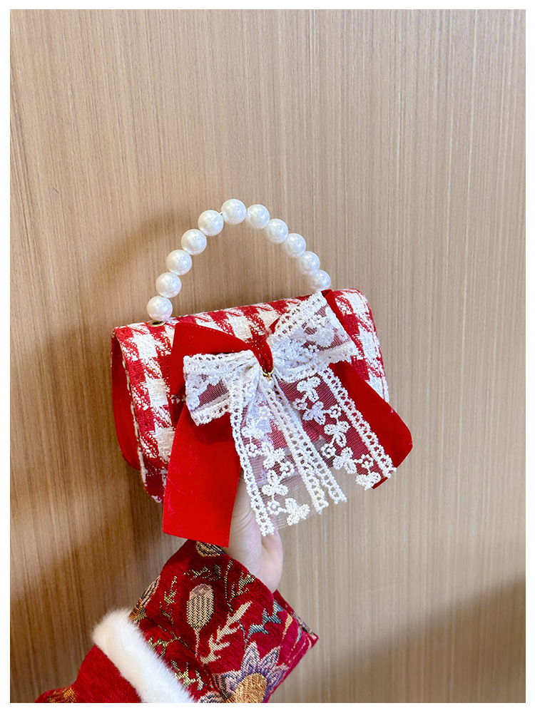 Women's Cotton And Linen Plaid Cherry Bow Knot Cute Beading Pearls Shell Flip Cover Crossbody Bag display picture 21