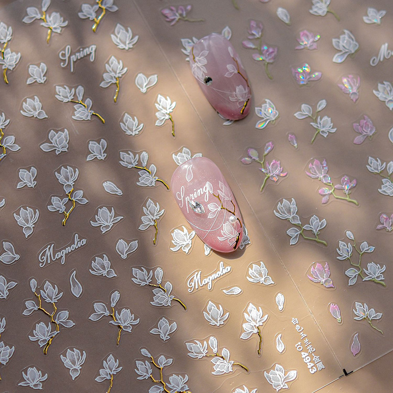 Magnolia pegatinas de manicuras flores blancas 5D estereoscopio relieve primavera pequeña decoración de uñas frescas pegatinas de patrón pequeño