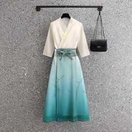 国风唐装超仙小个子大码胖MM显瘦茶服交领系带渐变青绿中长连衣裙