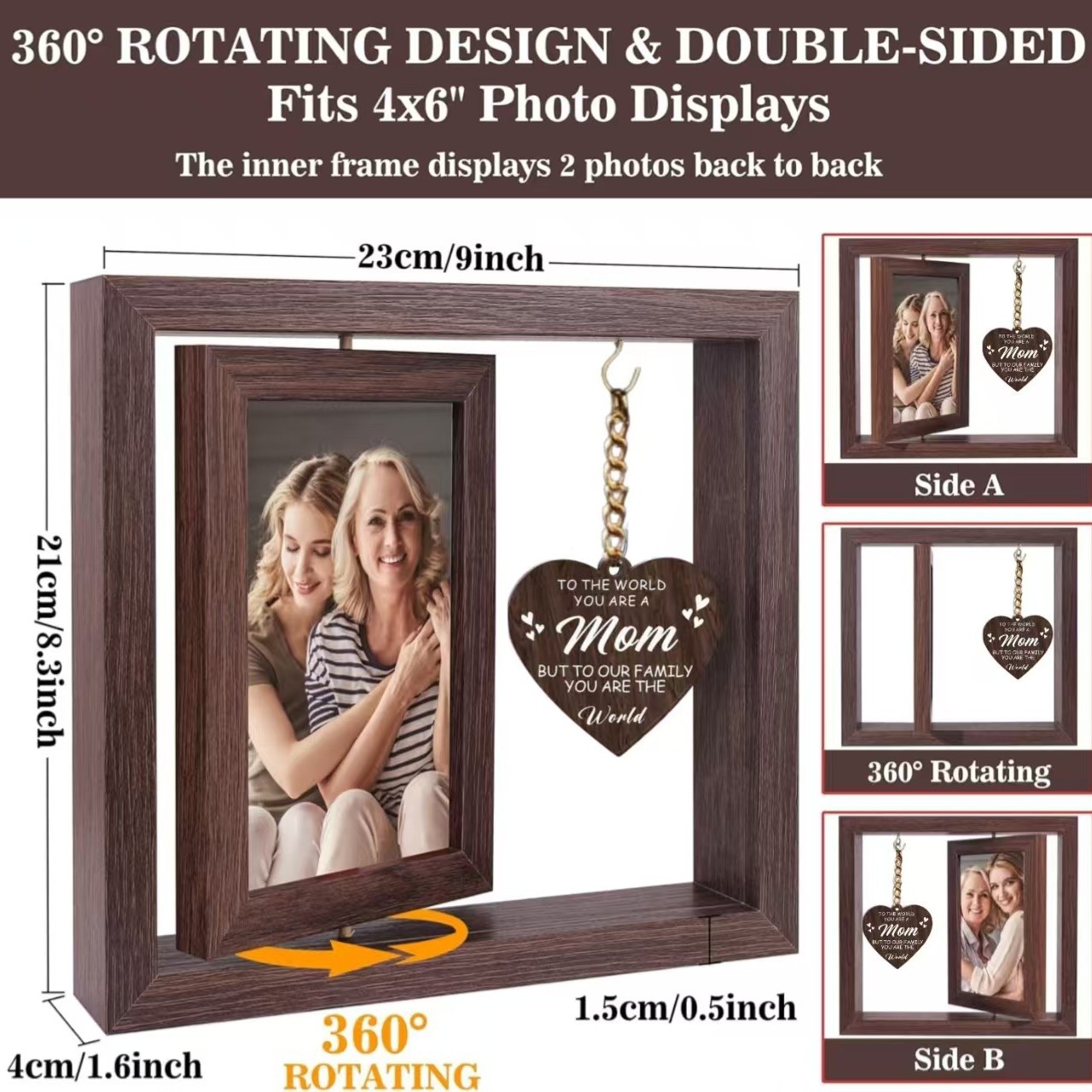 Venta caliente transfronteriza marco de fotos conmemorativo giratorio de 360 grados, marco de fotos de madera de regalo festivo del día de la madre