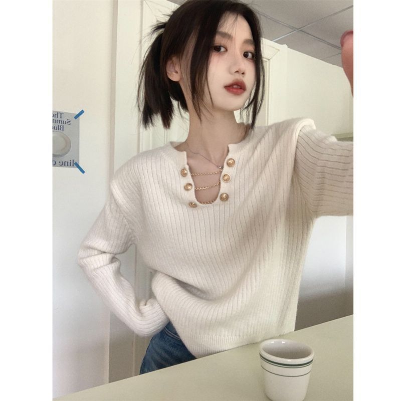 2024 New Korean style V-neck chic hollow-out chain pullover ..