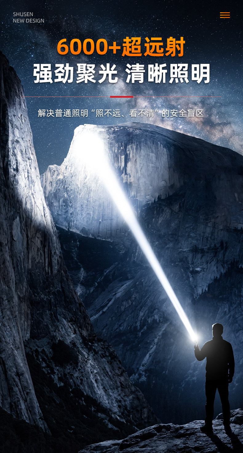 Shuosen flashlight, strong light, rechargeable, ultra-bright, long-lasting, 2026 new model, outdoor long-range high-power light