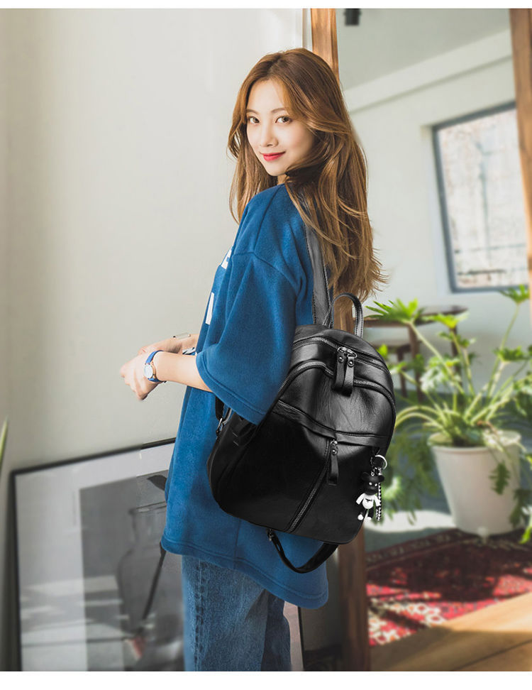 Women's Backpack Korean Style Fashionable PU Soft Leather Trendy Bag Simple Black Casual Backpack Single Shoulder Crossbody Bag