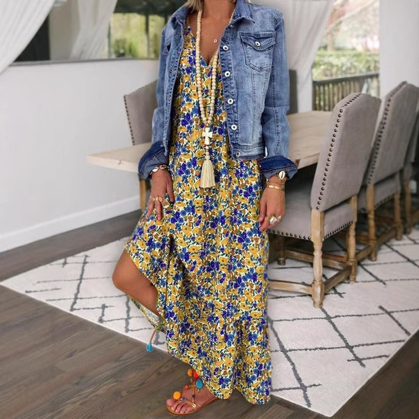 Meilleures ventes de vêtements féminins printemps/été en Europe et aux États-Unis : robe longue à bretelles et col en V, imprimé bohème, idéale pour la plage_voghion.com