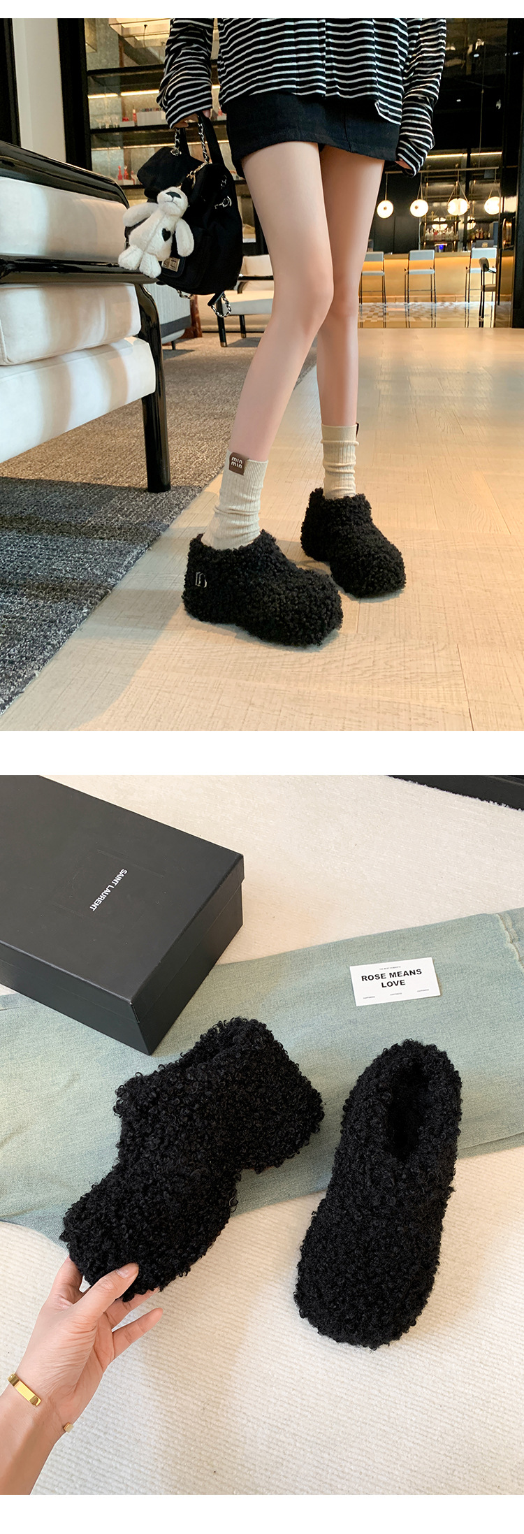 Dép bông Birkenstock đế trong siêu dày nữ, lót lông cừu ấm áp, mũi nhọn len cừu, form bao bọc — Lớp lót nhung đen, Lớp lót nhung màu nâu, Lớp lót đơn màu trắng nhạt, Màu đen một lớp chi tiết 18