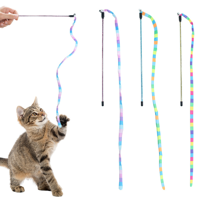 Juguetes para gatos, tiras de tela de colores, palos para gatos divertidos, campanas de impresión fresca, gatos, arcoíris, juguetes para gatos divertidos