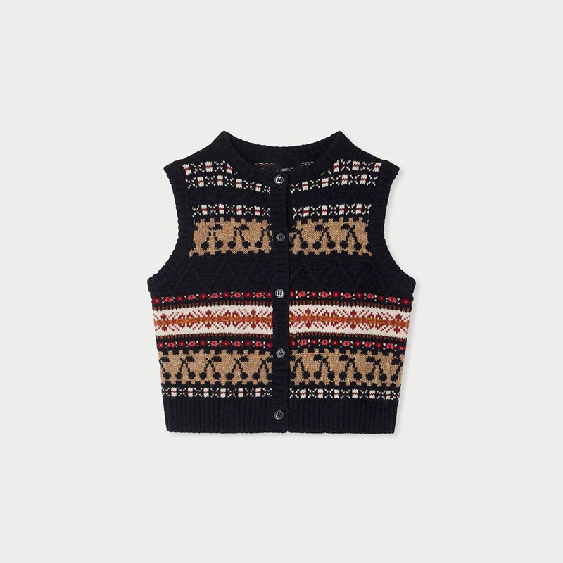 2025秋冬季新款樱桃开衫全羊毛背心女童马甲毛衣