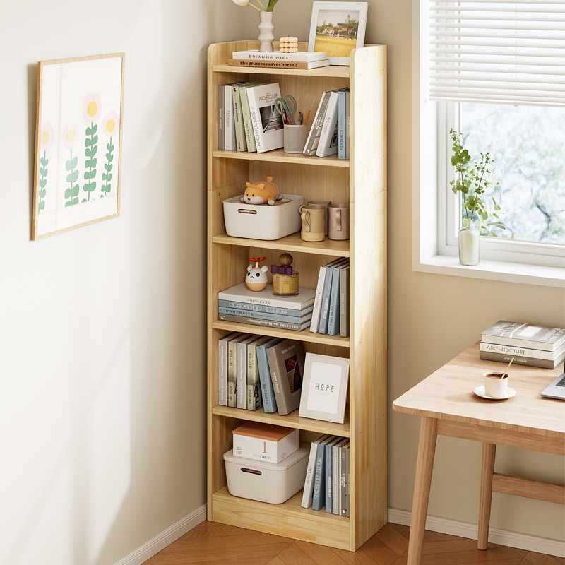 Solid Wood Bookshelf Storage Rack Floor-Standing Household Kidsren's Storage Cabinet Living Room Narrow Bookcase Integrated Wall-Mounted Simple Small Cabinet