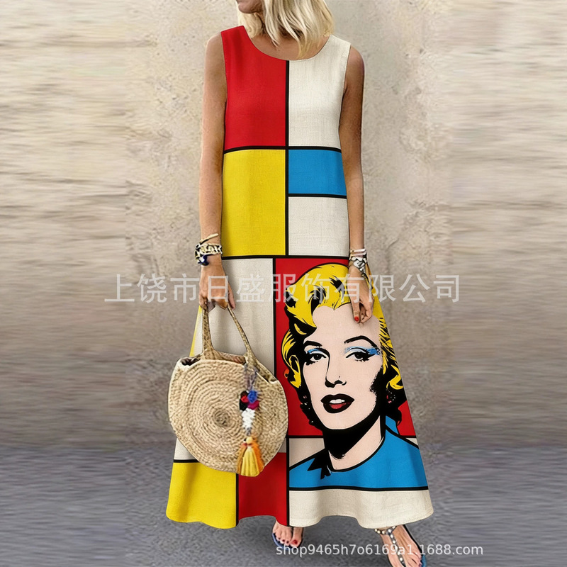 Cross-border Y2 Amazon TK Lazada Spring/Summer Beach Resort Style Large Floral Print Sleeveless Cotton-Linen Dress