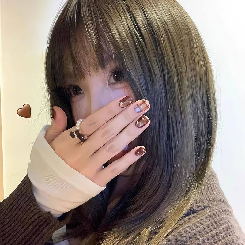 [Original by Ling Luo] Maillard Caramel Plaid Star Ins Short Style Handmade Nail Art Wearable Nails Finished Product Wholesale