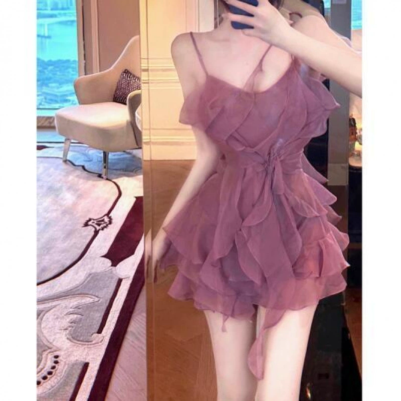 Фиолетовое платье с рюшами на подтяжках в стиле розы, сексуальное, с цветочным принтом, нежное, чистое, с открытой спиной, утягивающее, короткая юбка