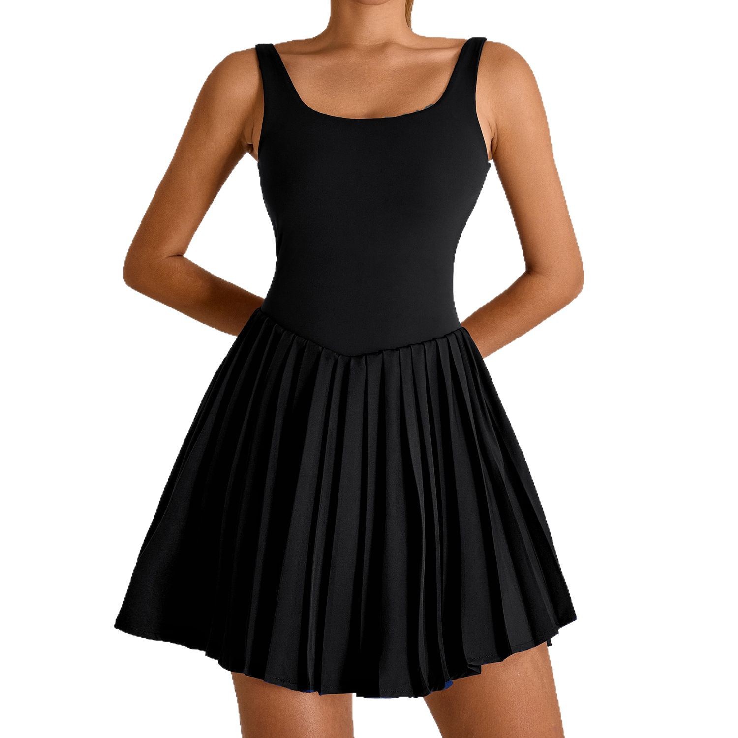 Nuevo estilo europeo y americano, gran espalda halter, hermoso vestido deportivo, falda de yoga plisada anti-desnudo para mujer, falda de tenis de fitness al aire libre