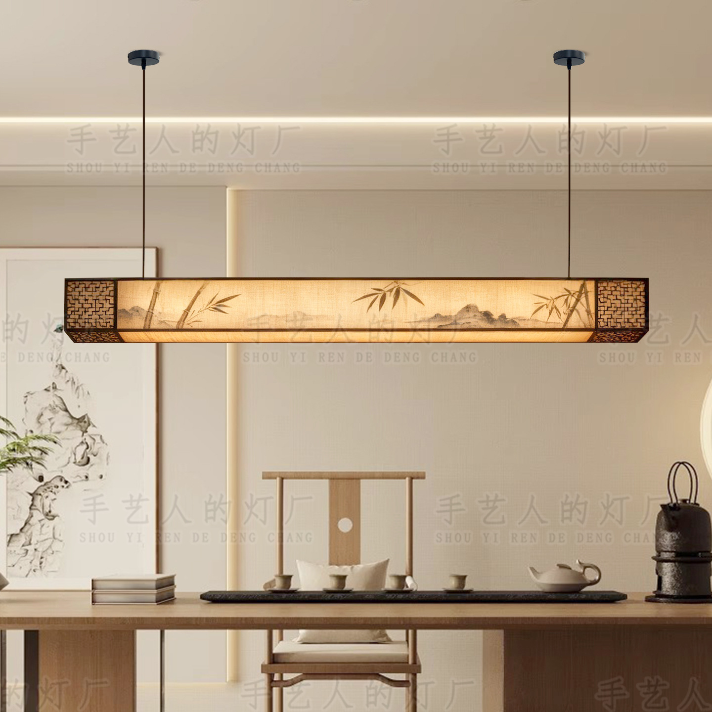 宋代美学竹叶水墨餐厅书房茶室禅意餐饮酒店收银吧台商用长条吊灯