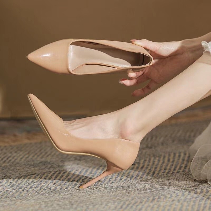 Nude High-Heeled Shoes for Women 2025 Spring & Fall New Niche Design Elegant Bright Leather Black Stiletto Pointed Toe Shoes
