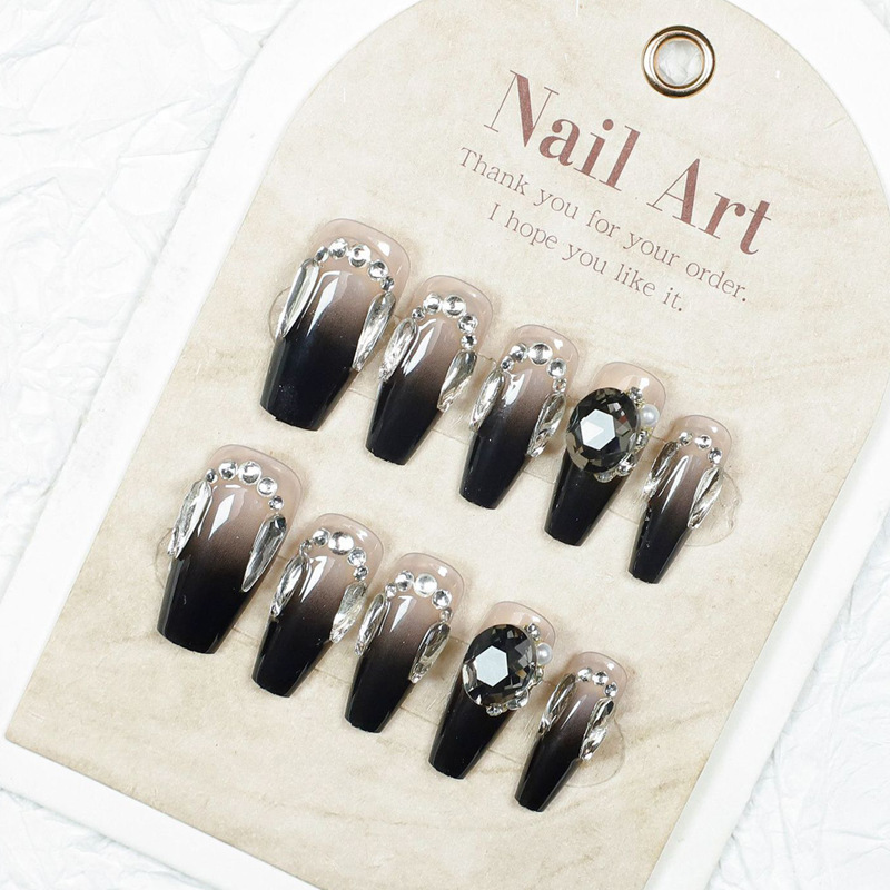 10 piezas de uñas hechas a mano, piezas de uñas terminadas, uñas falsas, uñas largas, chicas calientes dulces, viento fresco, uñas negras