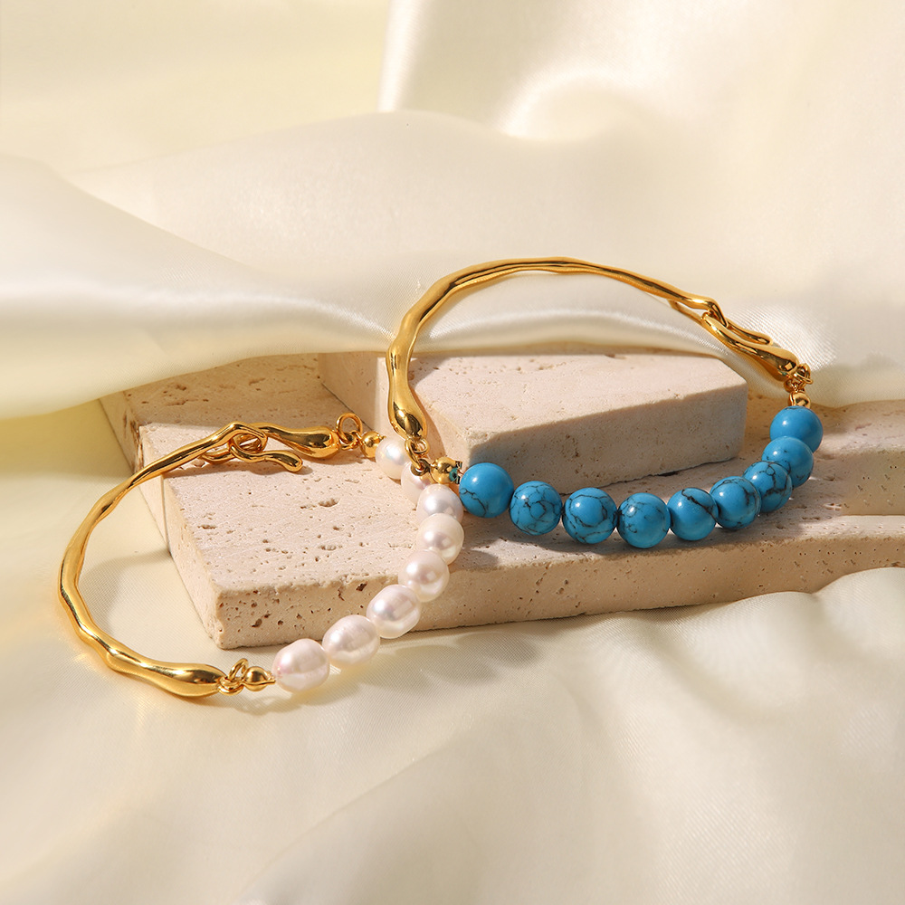 Luxurious Geometric Stainless Steel Gold Plated Turquoise Pearl Bracelets
