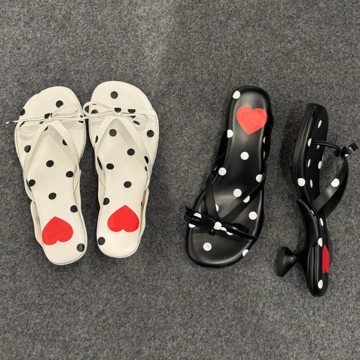 French Style Heart Pattern Polka Dot Bow Toe Post Flip Flops_voghion.com
