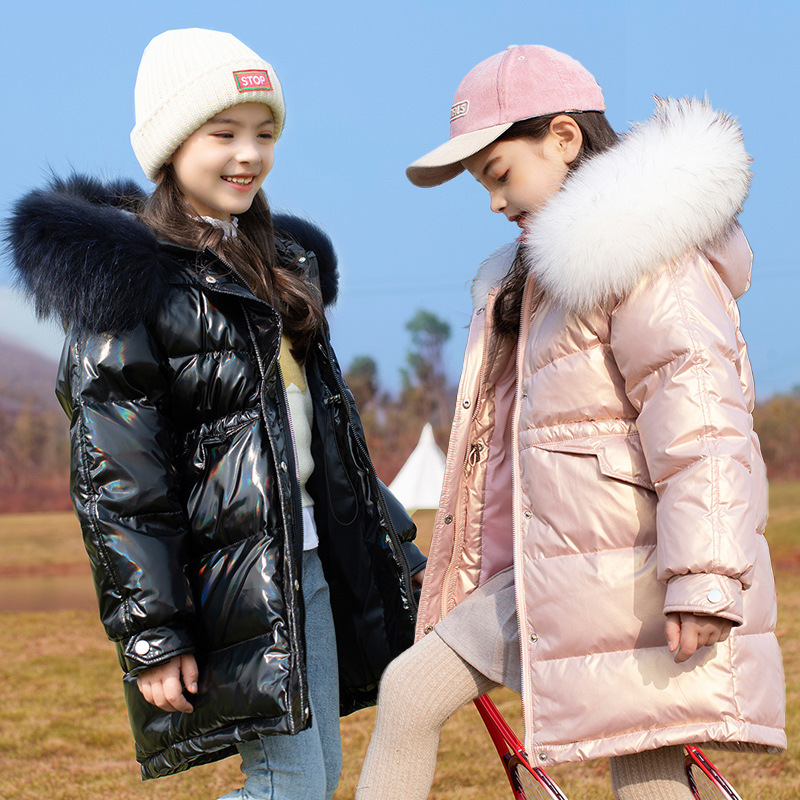 children Down Jackets girl Bright surface Disposable Western style Duck Children's clothing Mid length version Female baby thickening coat