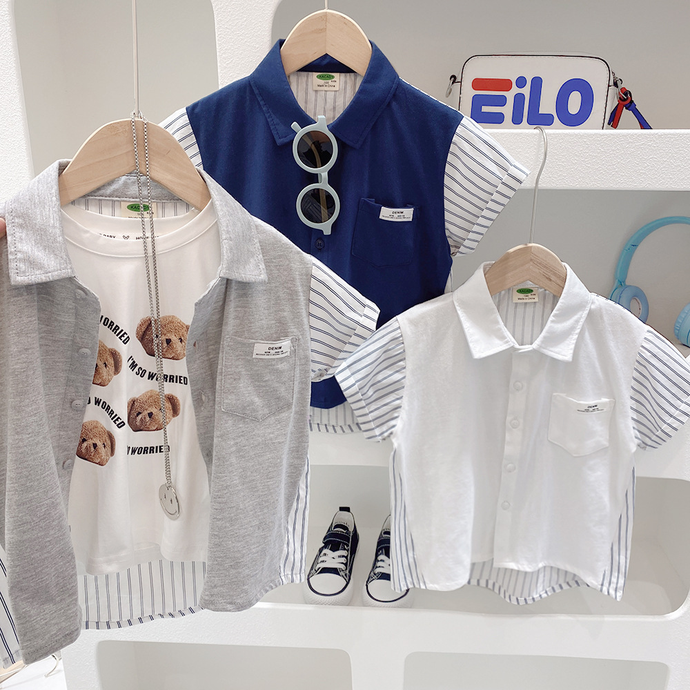 Verano nueva camisa de manga corta 2023 ropa para niños camisa de retazos de punto para bebés de niños medianos y grandes camisa de moda para niños