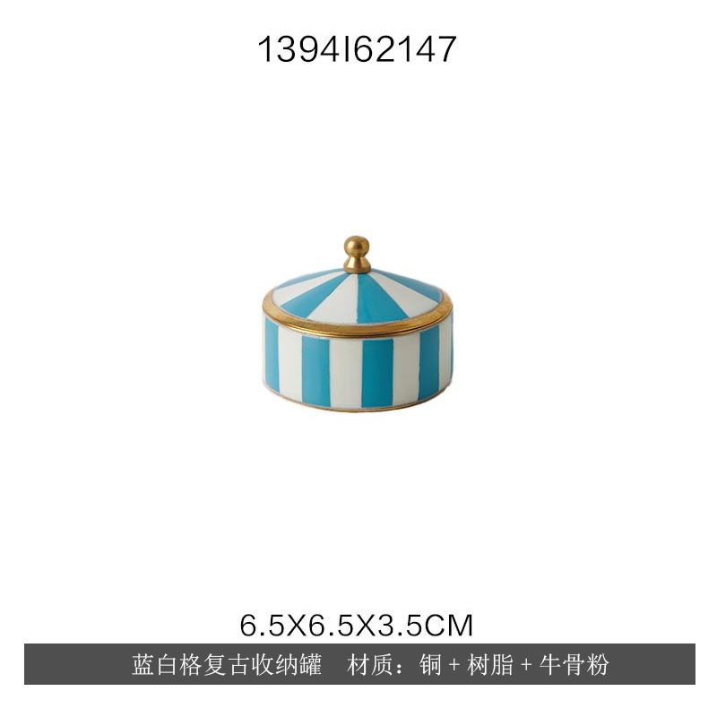 파란색과 흰색 체크무늬 복고풍 저장 용기