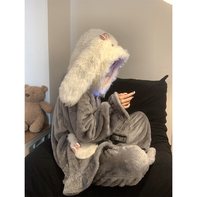 甜美软萌系兔耳朵连帽珊瑚绒睡衣女秋冬季毛绒绒保暖家居服两件套|undefined