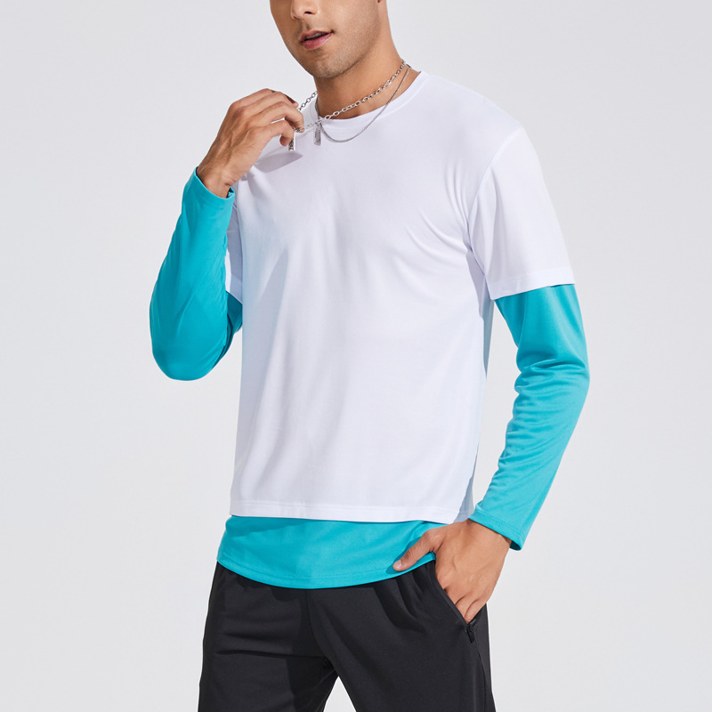 Deportes al aire libre de los hombres Camiseta de manga larga nueva costura de moda fitness correr tiro ropa cuello redondo medias de secado rápido de los hombres