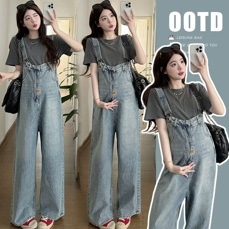 Летний костюм для беременных 2025, новая мода, топ и джинсы на бретелях, летний комплект из двух предметов
