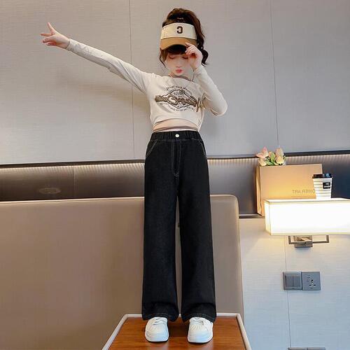 Girls' Wide-Leg Denim Spring  New Trendy Children's Spring Outfit Pants for Older Children Stylish Casual Trousers