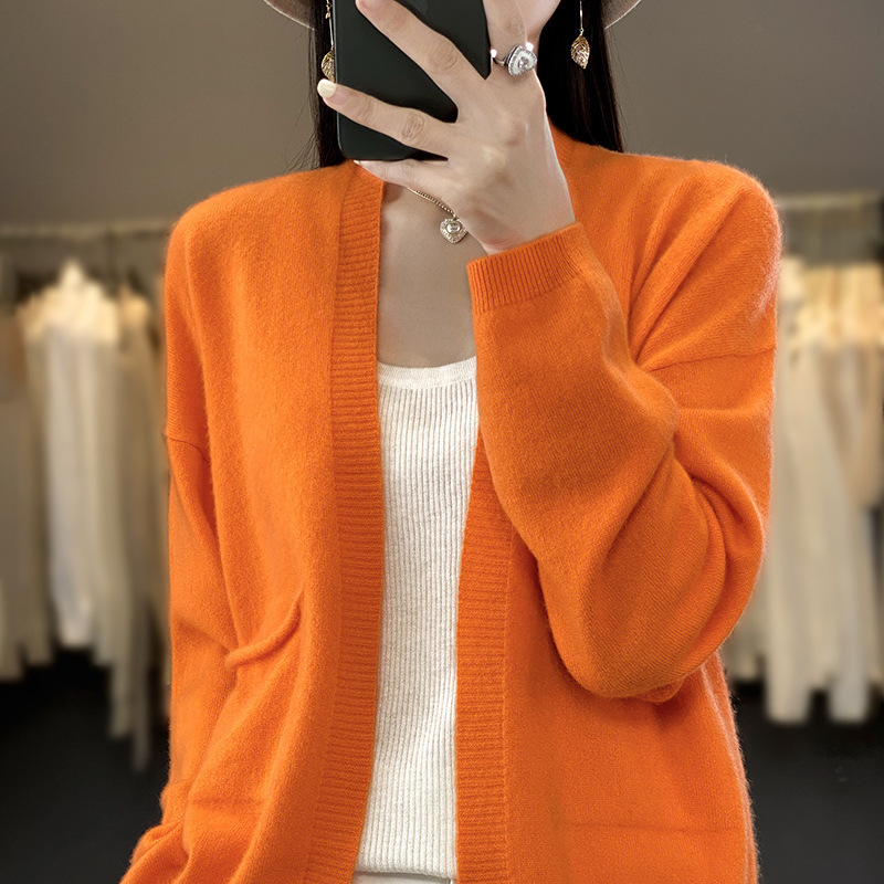Knitted Sweater Versatile New Style with Sweater V-Neck Loose Slimming Solid Color Thin Top Pocket Spring and Autumn Elegant Cardigan for Women