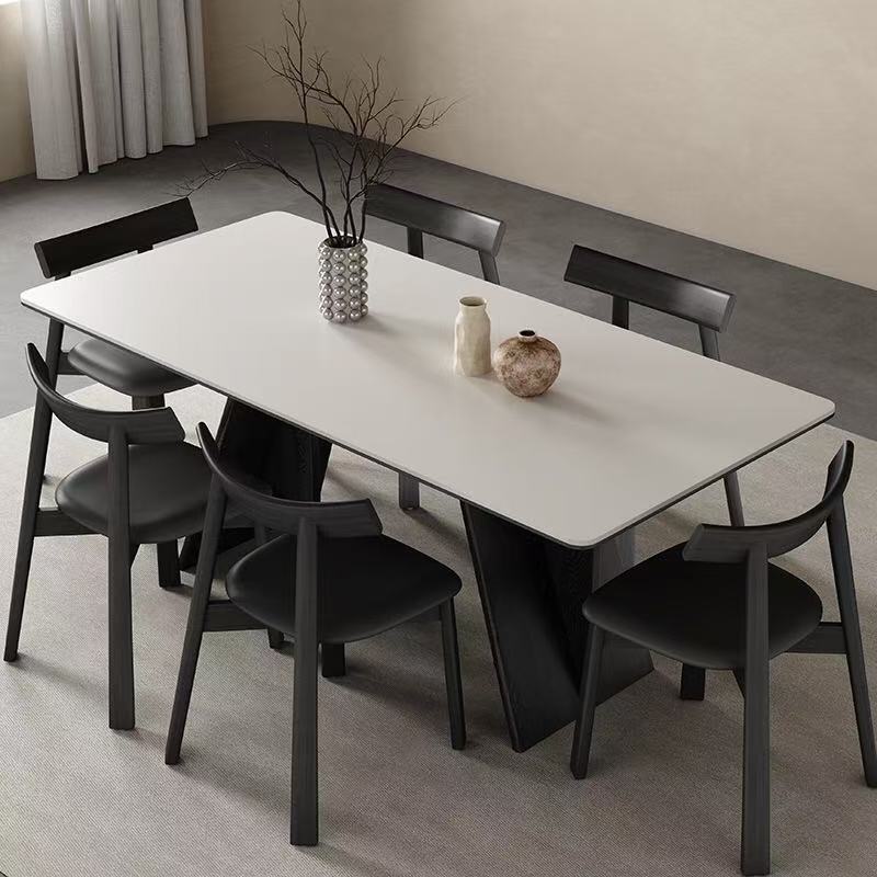 Mesa de comedor de madera maciza negra, mesa de comedor rectangular para uso doméstico pequeño, mesa de comedor para el hogar simple y de lujo ligero, mesa de comedor de tablero de roca blanca pura