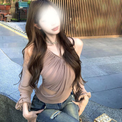 不规则纯欲斜肩长袖T恤女装夏季网纱拼接褶皱修身设计感辣妹上衣