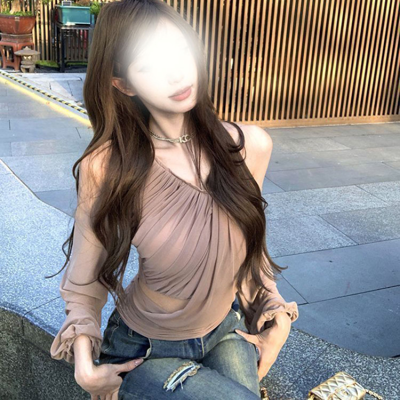 不规则纯欲斜肩长袖T恤女装夏季网纱拼接褶皱修身设计感辣妹上衣|undefined