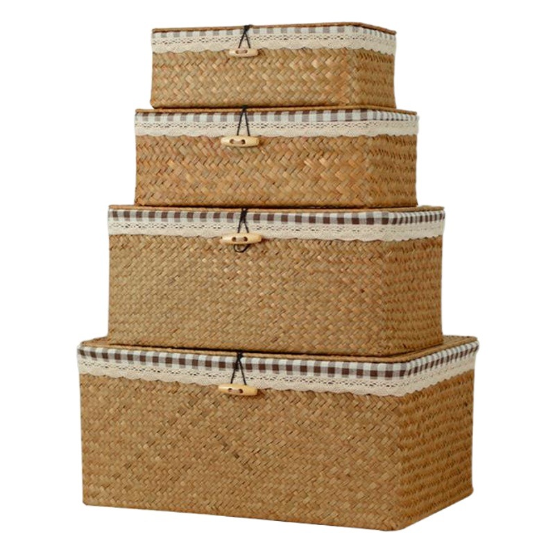 織フレーム収納ボックス綿とリネンの格子縞の衣類収納ボックス結婚式のお土産収納バスケット蓋付き卸売